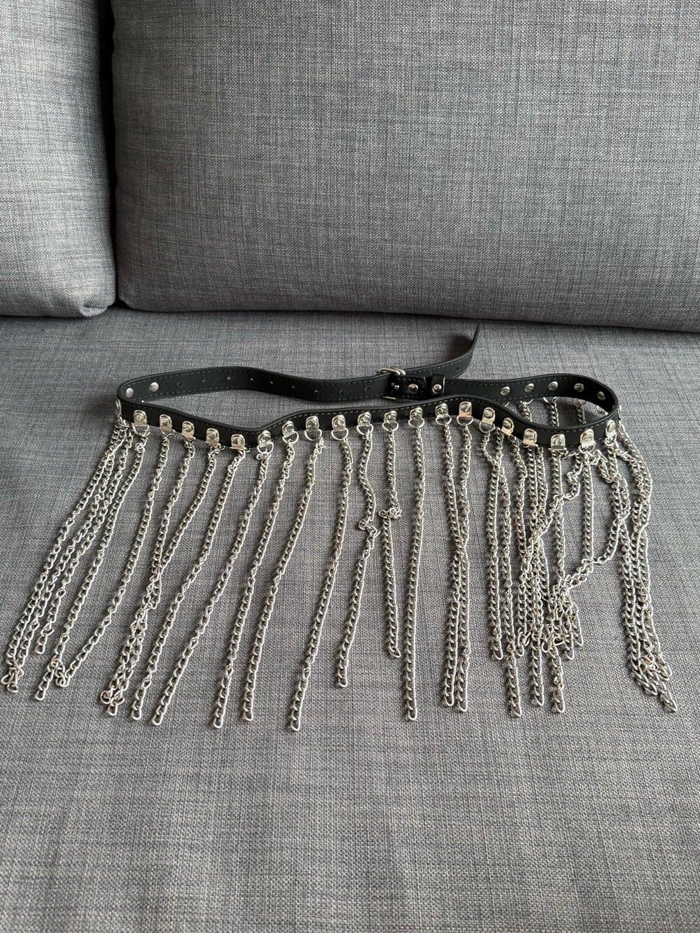 Black Chain Fringe Waist Belt with Silver Hardware